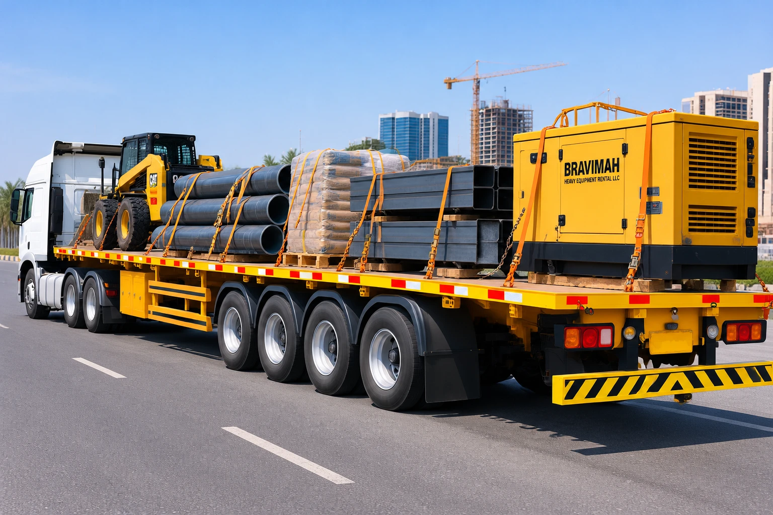Bravimah flatbed trailer transporting a skid steer loader and generator